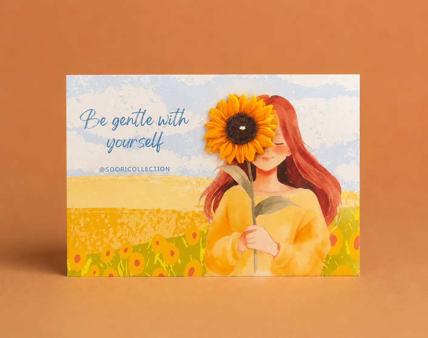 کارت be gentle with yourself روی بک گراند نارنجی