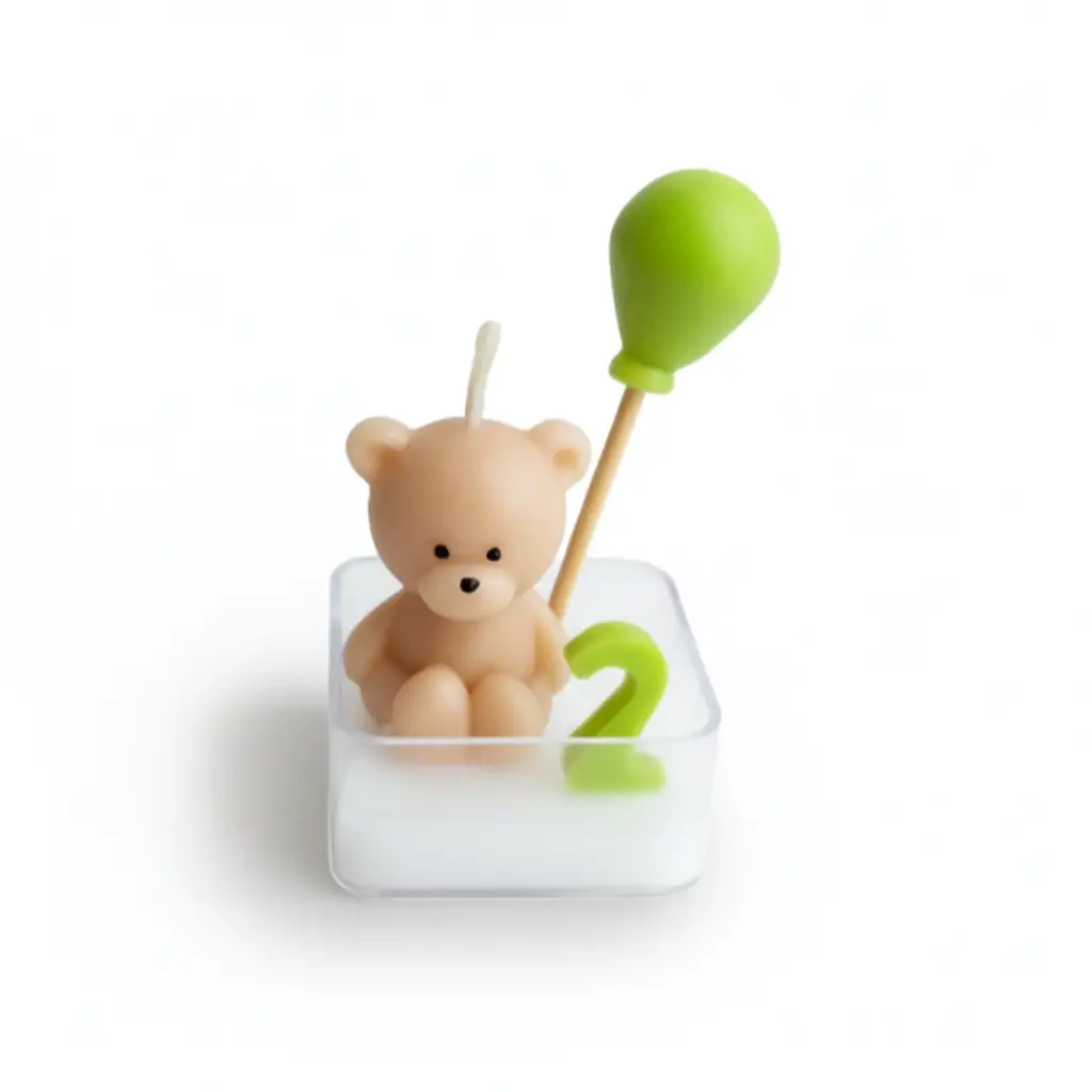 Teddy bear first birthday candle with green balloon and number