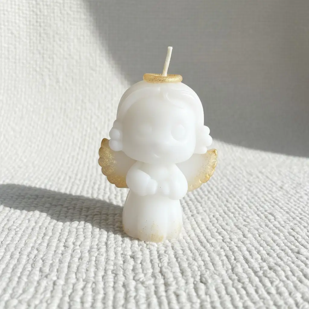 شمع فیگوراتیو فرشته زرین‌بال روی پارچه با بک‌گراند سفید از برند ثوری دیزاین