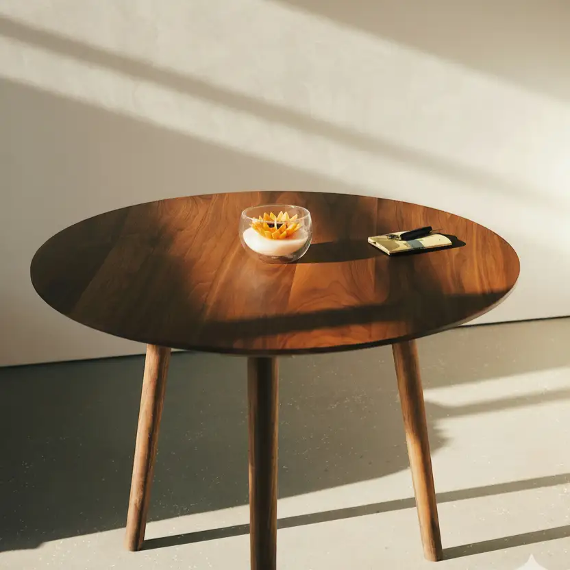 نمای محیطی از شمع آفتابگردون ثوریما در ظرف شیشه ای که روی یک میز چوبی گرد مدرن قرار دارد. نورپردازی قوی، سایه‌های کشیده‌ای را روی میز و دیوار سفید پشت آن ایجاد کرده است.