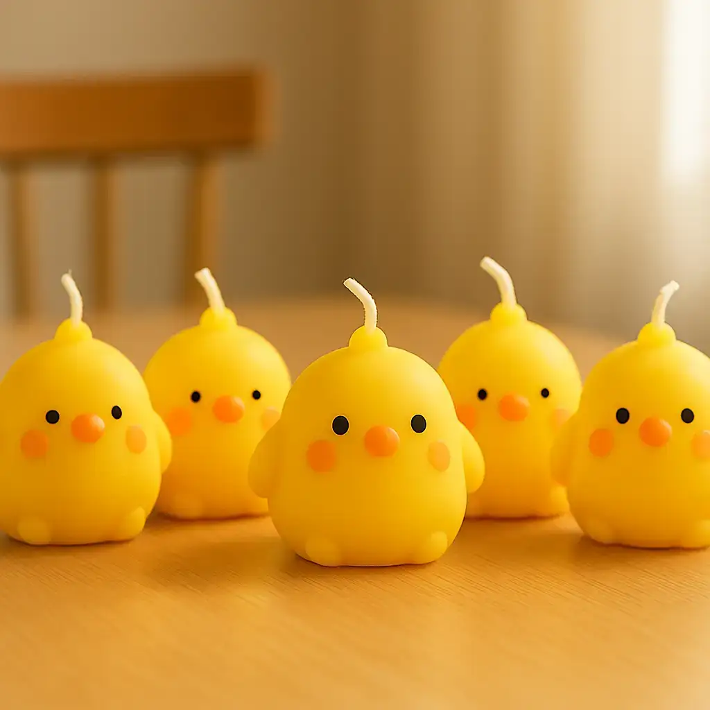 ۵ شمع جوجه فیگوراتیو زرد روی میز در نور خورشید از برند ثوری دیزاین